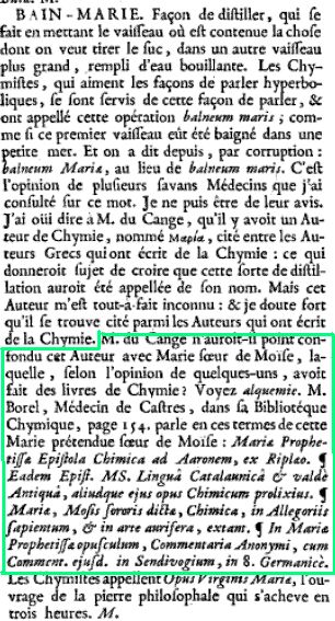 Article 'Bain Marie' from Mnage's 1750 dictionary